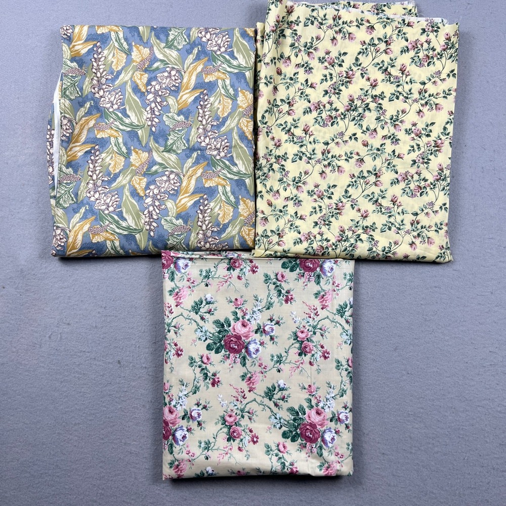 Fabric Lot of 3 Yellow Pink Floral Rose Vintage Cottagecore Moda Cranston